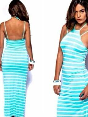 Unk Aqua and White Striped Halter Maxi Dress